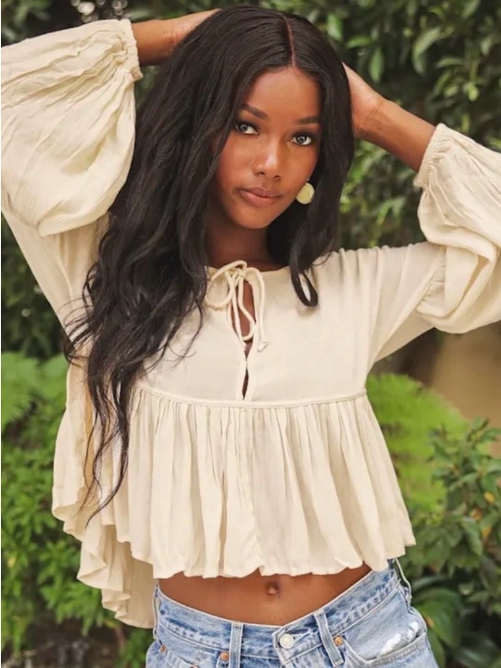 O’Neill Rosie Cream Peasant Tie-Front Ruffle Top - Women